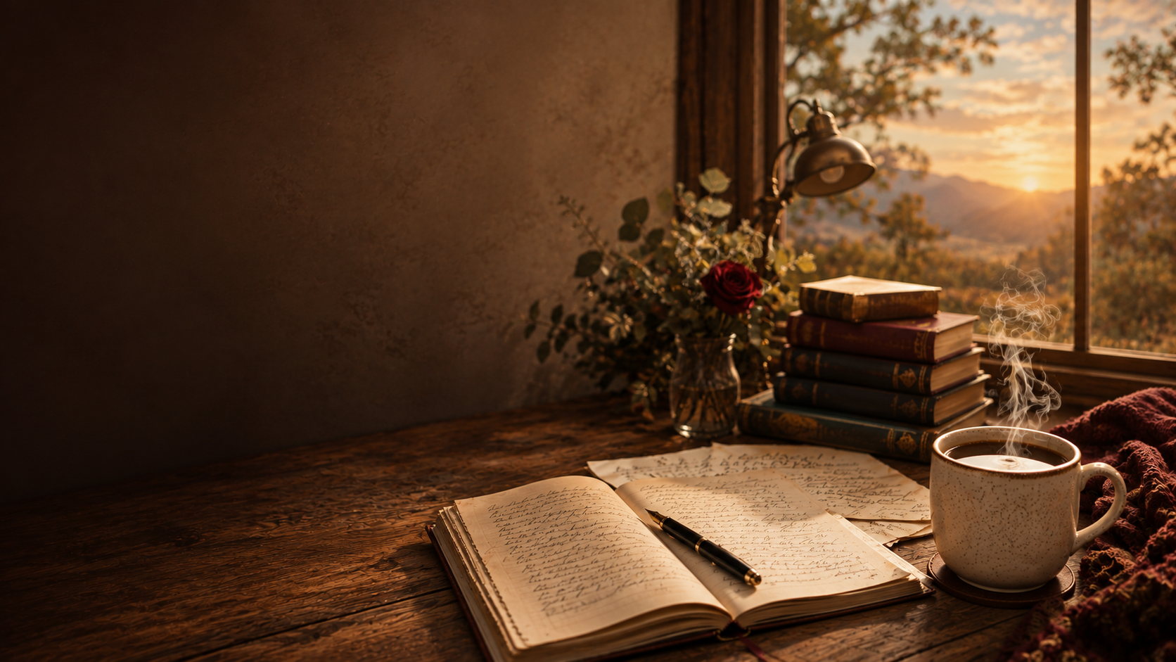Candlelit writing desk with a handwritten journal, fountain pen, red rose, stacked antique books, and a sunset view through the window